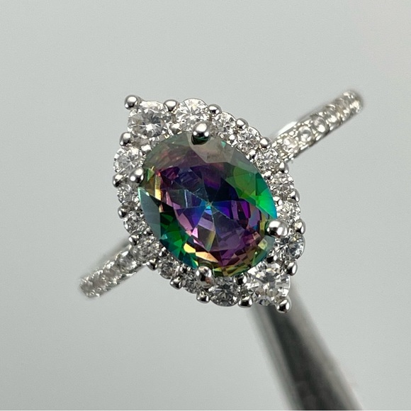 Beautiful Statement Oval Cut Halo Rainbow Mystic Diamond CZ Silver Plated Ring